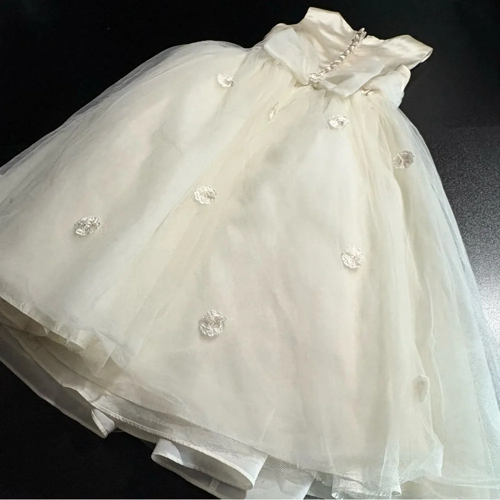 Flower girl communion rum pink Elegant Cream Kids Dress with‎ Bow satin tulle 3 - Picture 4 of 9
